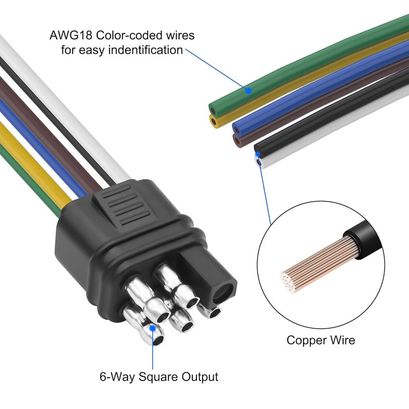 XMSJSIY 6-Way Square Trailer Plug Extension Bare Wire 6 Pin Square Male Wiring Harness Connectors Trailer-Side and Vehicle-Side Open End Cable Pigtail Cord-1M/3.2FT - Image 3